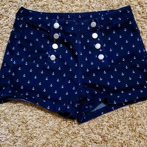High-Waisted Button-Up Navy Shorts White Anchors!